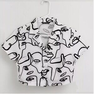 Shein Curve Cropped Button Up Printed Tee. Graphic Faces | White and Black | 4XL